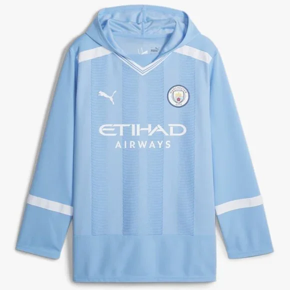 MANCHESTER CITY PUMA Winter Football Jersey Hooded Oversized Sky Blue Size L - Picture 8 of 9